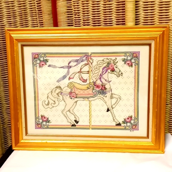 Vintage Handcrafted Cross-Stitching Carousel Horse Frame Sign A.Y. 19x16 - Picture 1 of 8